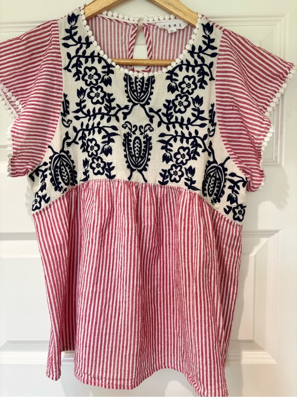 THML Sz S Top Cotton Linen Red White Striped Floral Embroidered Boho Cottagecore - Picture 2 of 10